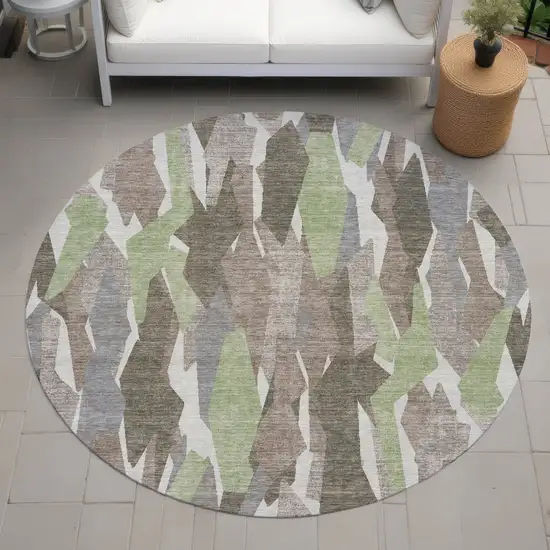 8' Coffee Fern Green And Khaki Round Striped Washable Indoor Outdoor Area Rug Photo 8