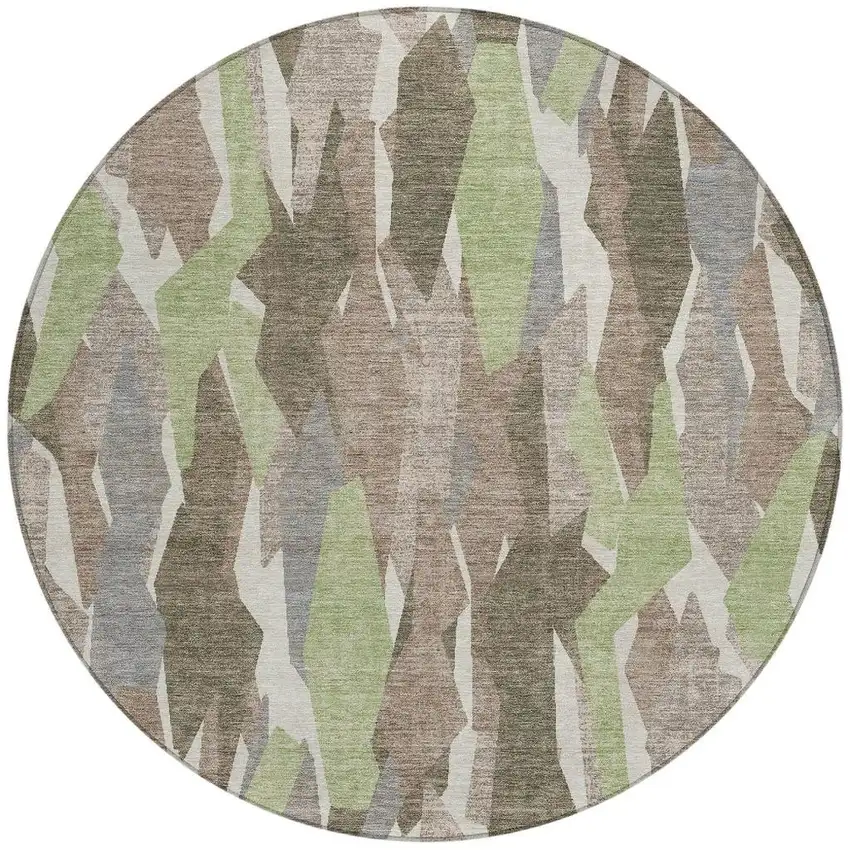 8' Coffee Fern Green And Khaki Round Striped Washable Indoor Outdoor Area Rug Photo 4