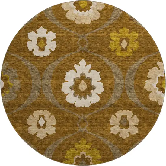 8' Coffee Gold And Beige Medallion Washable Round Rug With UV Protection Photo 1