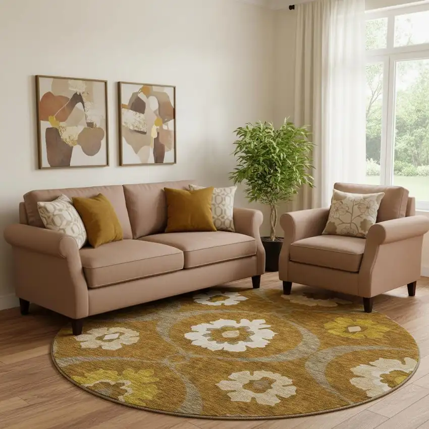 8' Coffee Gold And Beige Medallion Washable Round Rug With UV Protection Photo 1
