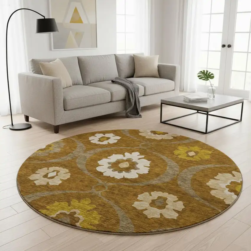 8' Coffee Gold And Beige Medallion Washable Round Rug With UV Protection Photo 2