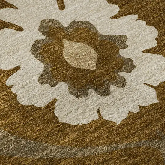 8' Coffee Gold And Beige Medallion Washable Round Rug With UV Protection Photo 9