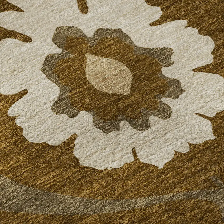 8' Coffee Gold And Beige Medallion Washable Round Rug With UV Protection Photo 9