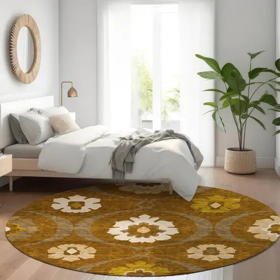 8' Coffee Gold And Beige Medallion Washable Round Rug With UV Protection Photo 5