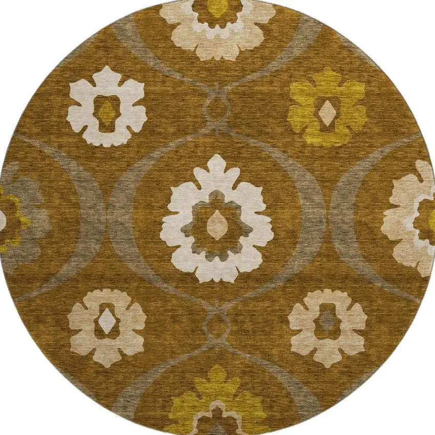 8' Coffee Gold And Beige Medallion Washable Round Rug With UV Protection Photo 3