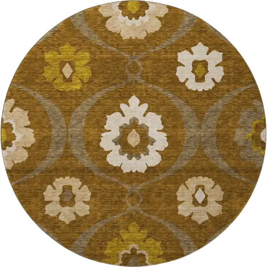 8' Coffee Gold And Beige Medallion Washable Round Rug With UV Protection Photo 4