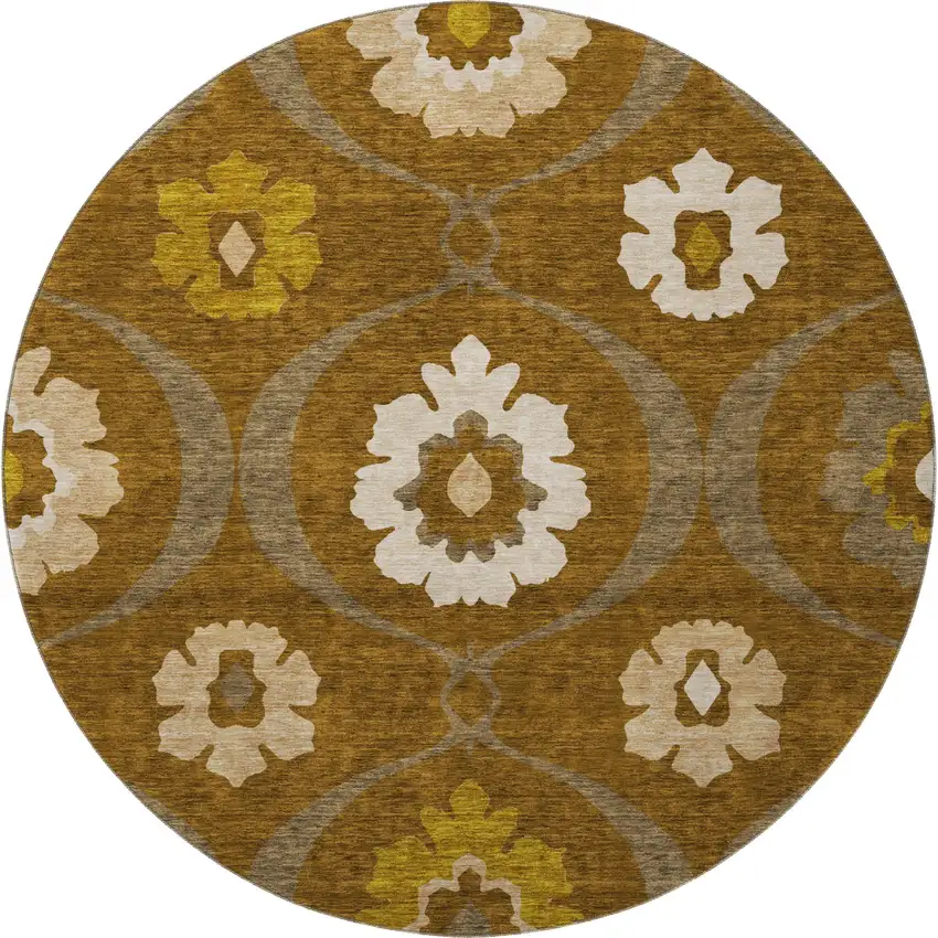 8' Coffee Gold And Beige Medallion Washable Round Rug With UV Protection Photo 4