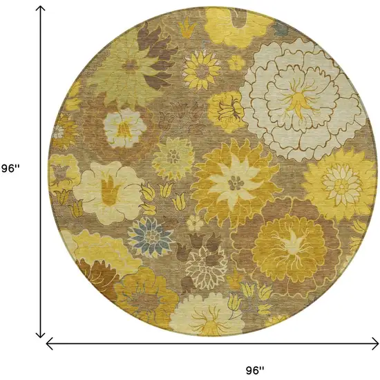 8' Coffee Gold And Beige Round Floral Washable Indoor Outdoor Area Rug Photo 3