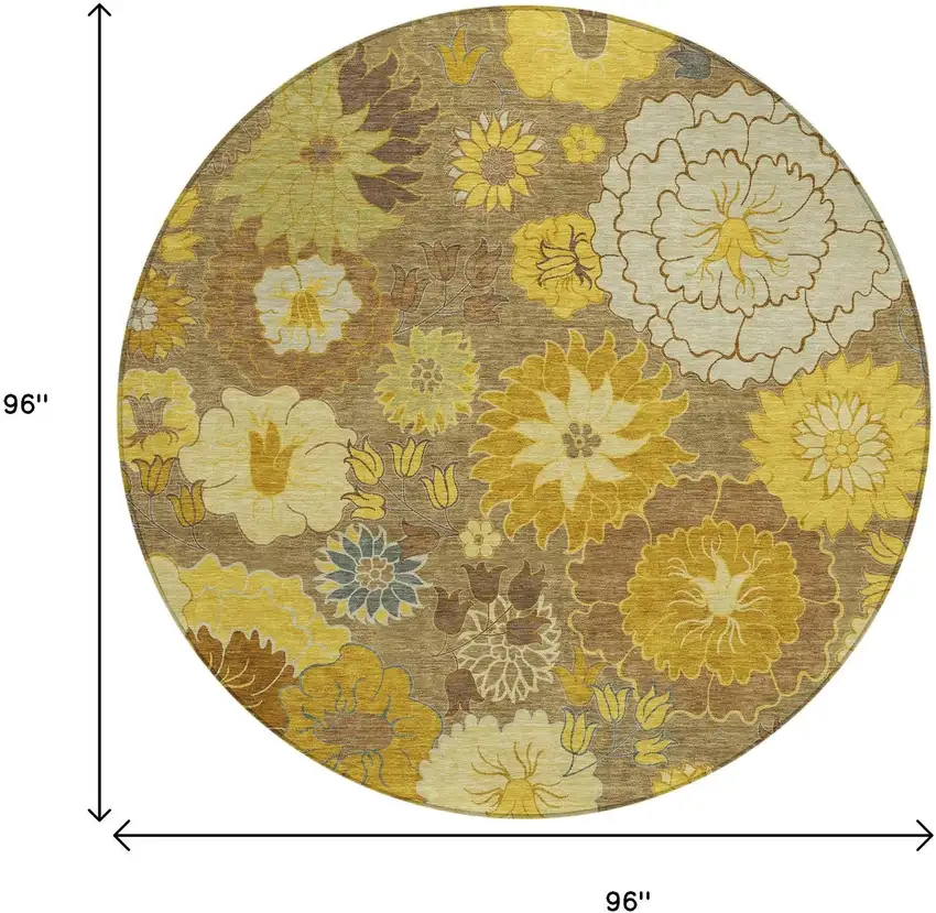 8' Coffee Gold And Beige Round Floral Washable Indoor Outdoor Area Rug Photo 3