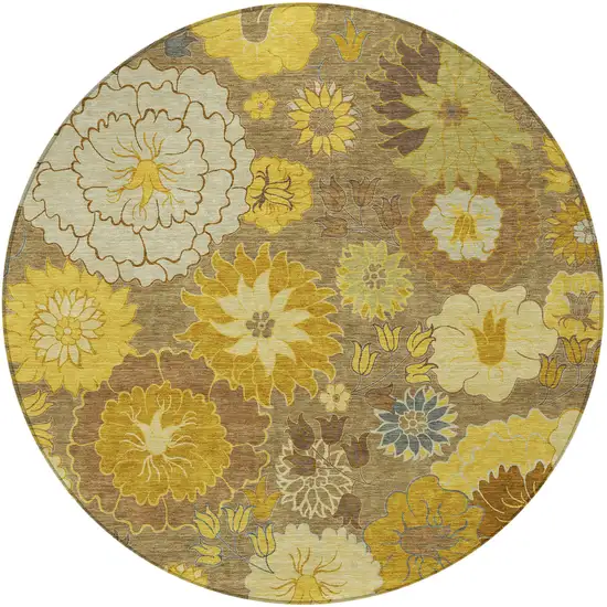 8' Coffee Gold And Beige Round Floral Washable Indoor Outdoor Area Rug Photo 5