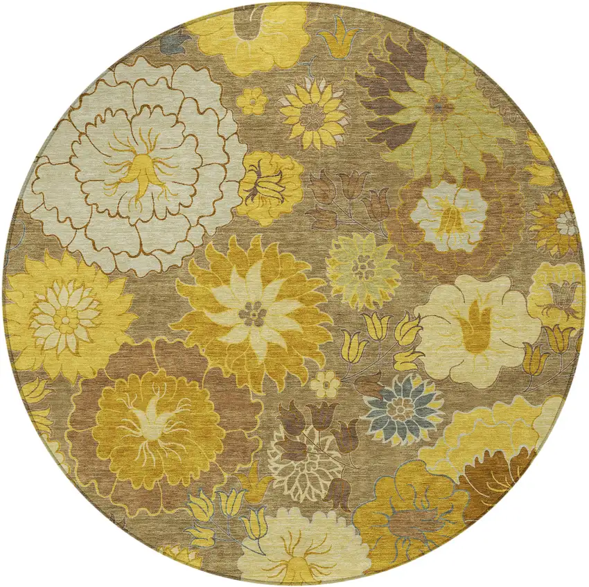 8' Coffee Gold And Beige Round Floral Washable Indoor Outdoor Area Rug Photo 5