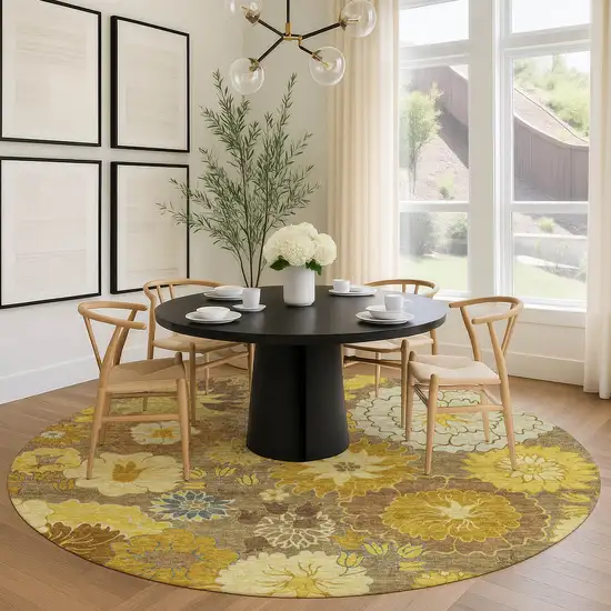 8' Coffee Gold And Beige Round Floral Washable Indoor Outdoor Area Rug Photo 9