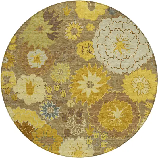 8' Coffee Gold And Beige Round Floral Washable Indoor Outdoor Area Rug Photo 2