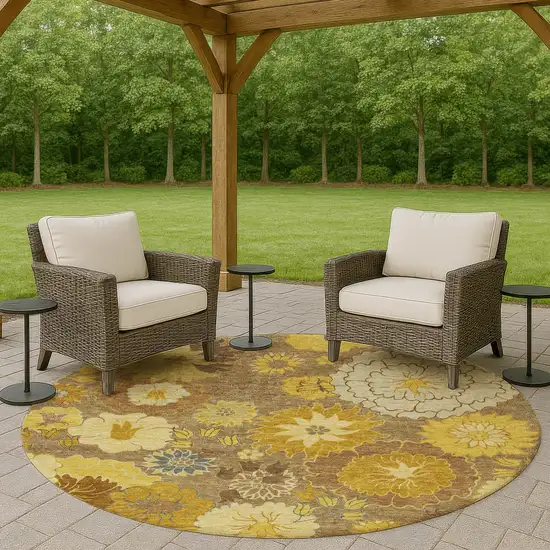 8' Coffee Gold And Beige Round Floral Washable Indoor Outdoor Area Rug Photo 9