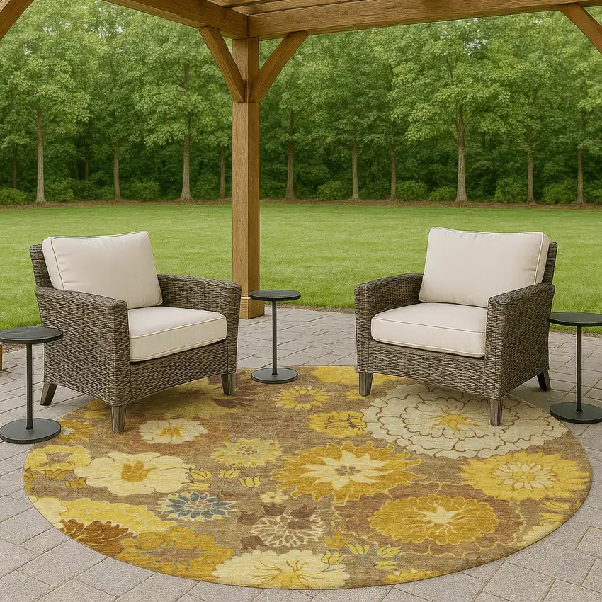 8' Coffee Gold And Beige Round Floral Washable Indoor Outdoor Area Rug Photo 9