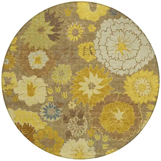 8' Coffee Gold And Beige Round Floral Washable Indoor Outdoor Area Rug Photo 4