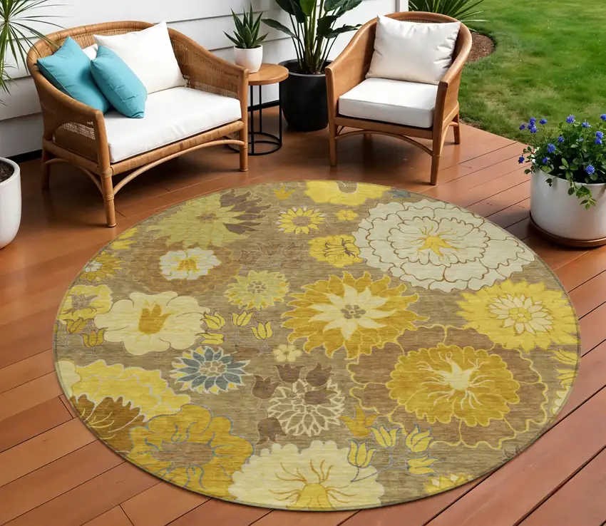 8' Coffee Gold And Beige Round Floral Washable Indoor Outdoor Area Rug Photo 1