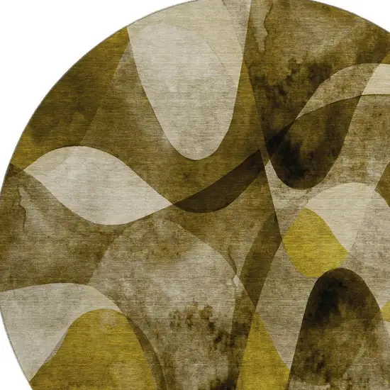 8' Coffee Gold And Ivory Abstract Washable Round Rug With UV Protection Photo 3