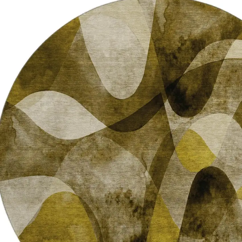 8' Coffee Gold And Ivory Abstract Washable Round Rug With UV Protection Photo 3