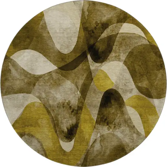 8' Coffee Gold And Ivory Abstract Washable Round Rug With UV Protection Photo 1