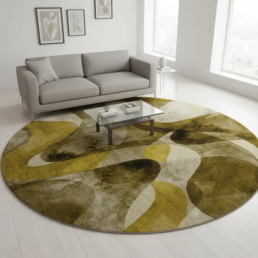 8' Coffee Gold And Ivory Abstract Washable Round Rug With UV Protection Photo 2