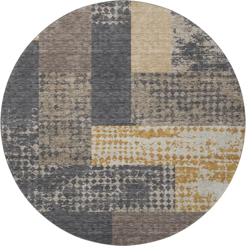 8' Coffee Gold And Ivory Geometric Washable Round Rug With UV Protection Photo 3