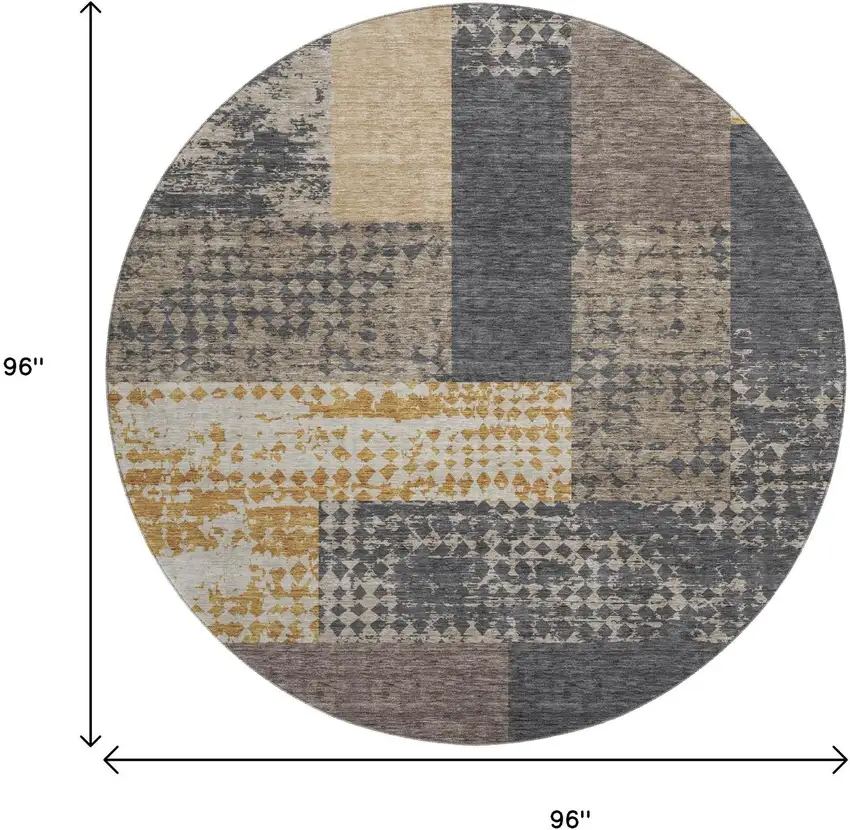 8' Coffee Gold And Ivory Geometric Washable Round Rug With UV Protection Photo 9