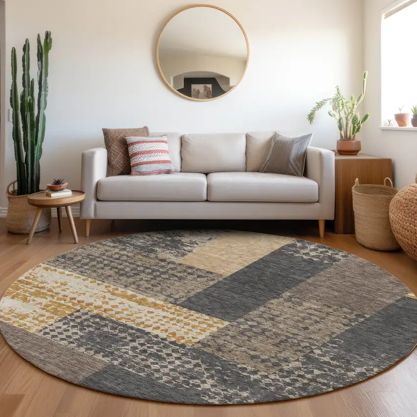 8' Coffee Gold And Ivory Geometric Washable Round Rug With UV Protection Photo 4