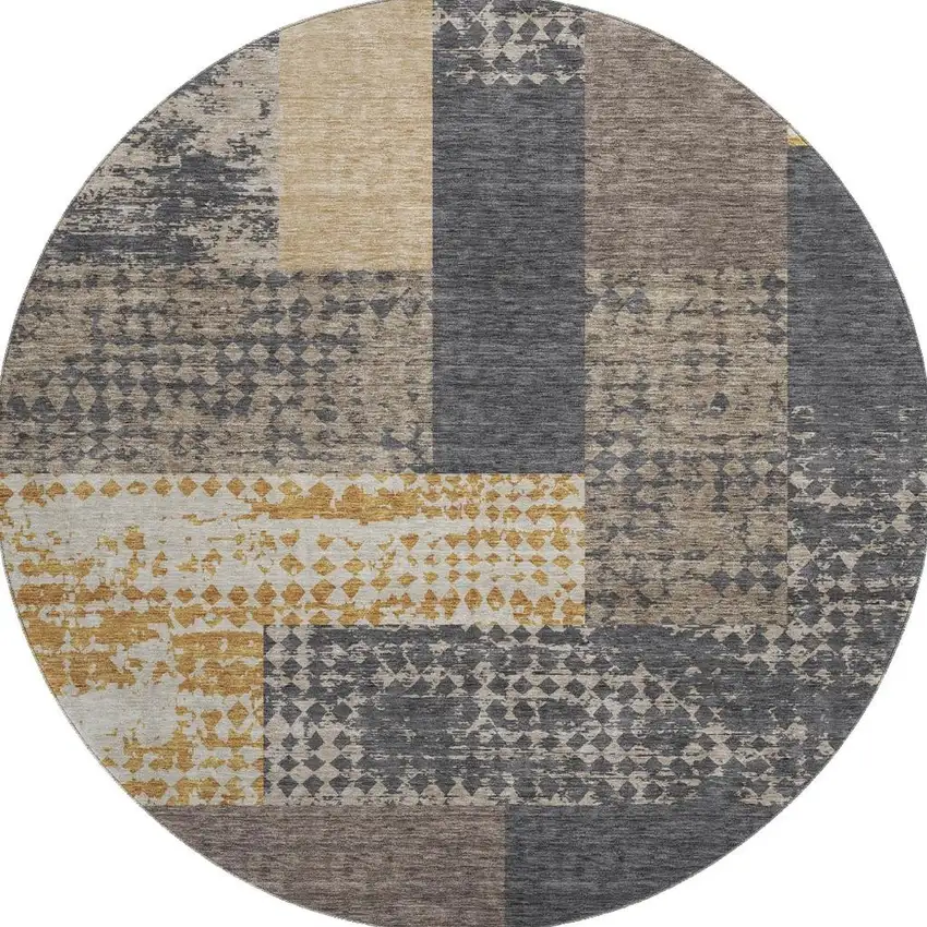 8' Coffee Gold And Ivory Geometric Washable Round Rug With UV Protection Photo 2