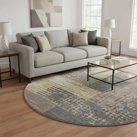 8' Coffee Gold And Ivory Geometric Washable Round Rug With UV Protection Photo 2