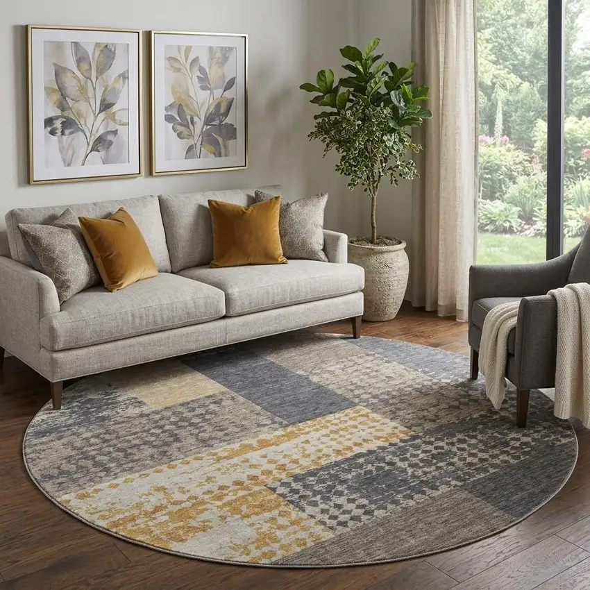 8' Coffee Gold And Ivory Geometric Washable Round Rug With UV Protection Photo 1