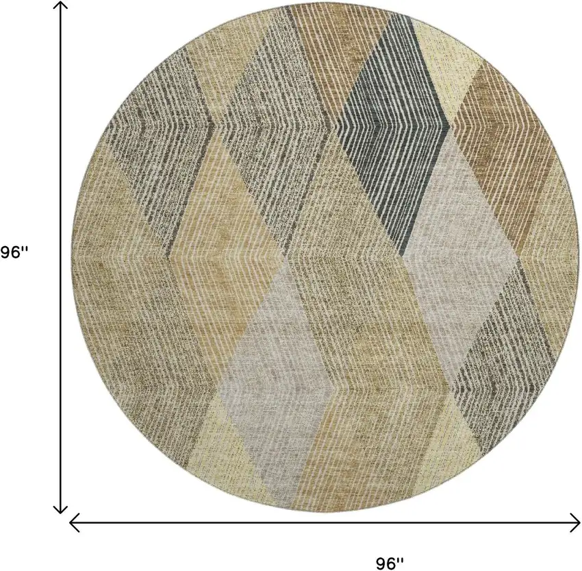 8' Coffee Gold And Taupe Geometric Washable Round Rug With UV Protection Photo 9