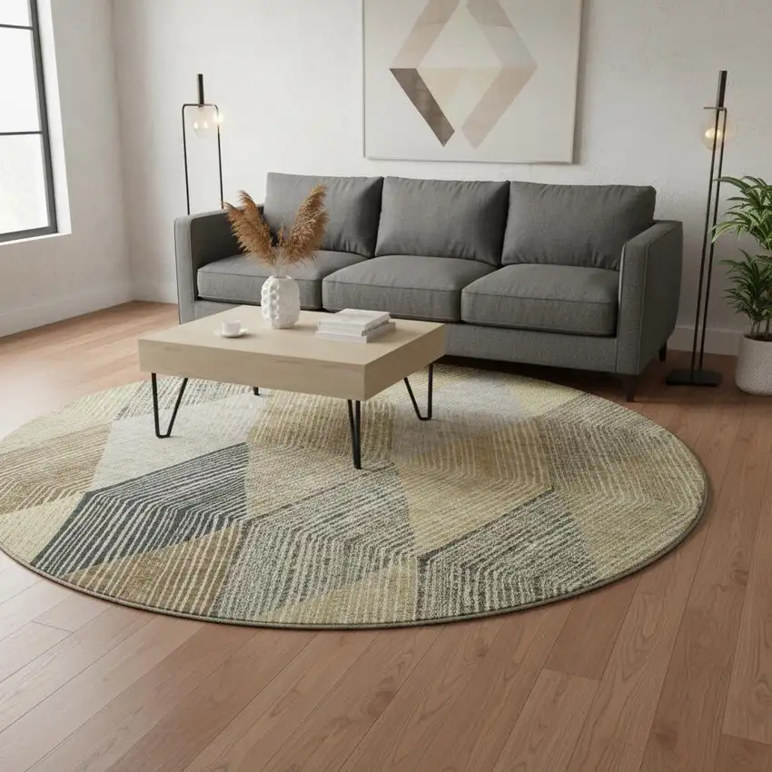 8' Coffee Gold And Taupe Geometric Washable Round Rug With UV Protection Photo 2