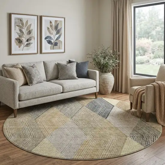 8' Coffee Gold And Taupe Geometric Washable Round Rug With UV Protection Photo 1