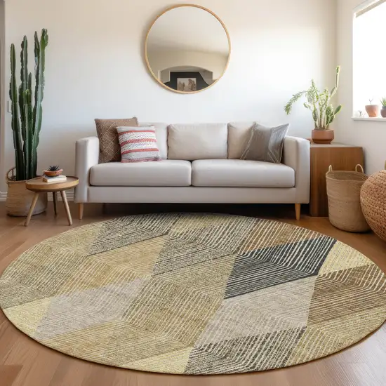 8' Coffee Gold And Taupe Geometric Washable Round Rug With UV Protection Photo 4