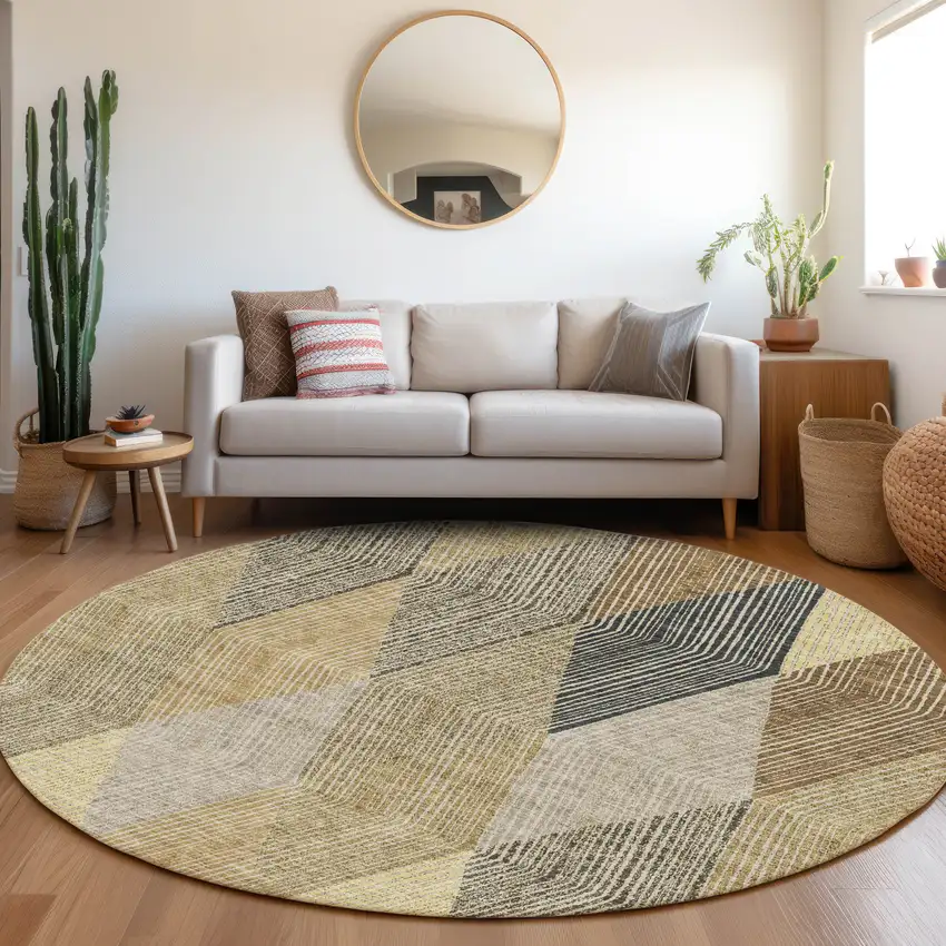 8' Coffee Gold And Taupe Geometric Washable Round Rug With UV Protection Photo 4