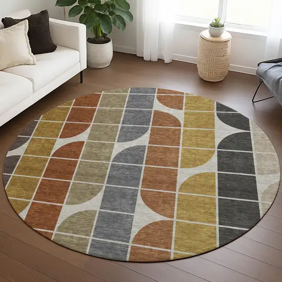 8' Coffee Gold Gray And Beige Round Geometric Washable Indoor Outdoor Area Rug Photo 5