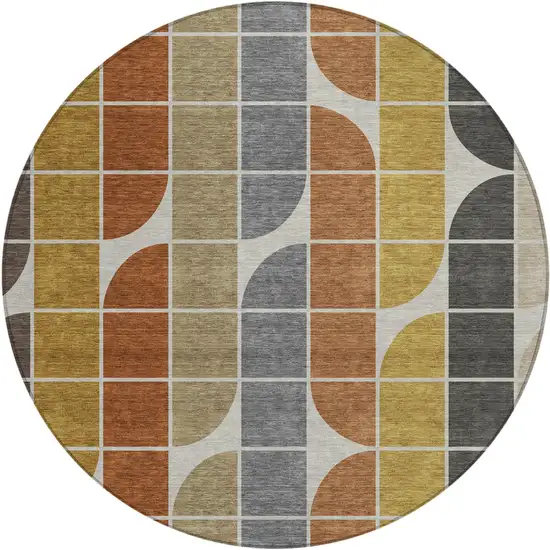 8' Coffee Gold Gray And Beige Round Geometric Washable Indoor Outdoor Area Rug Photo 1
