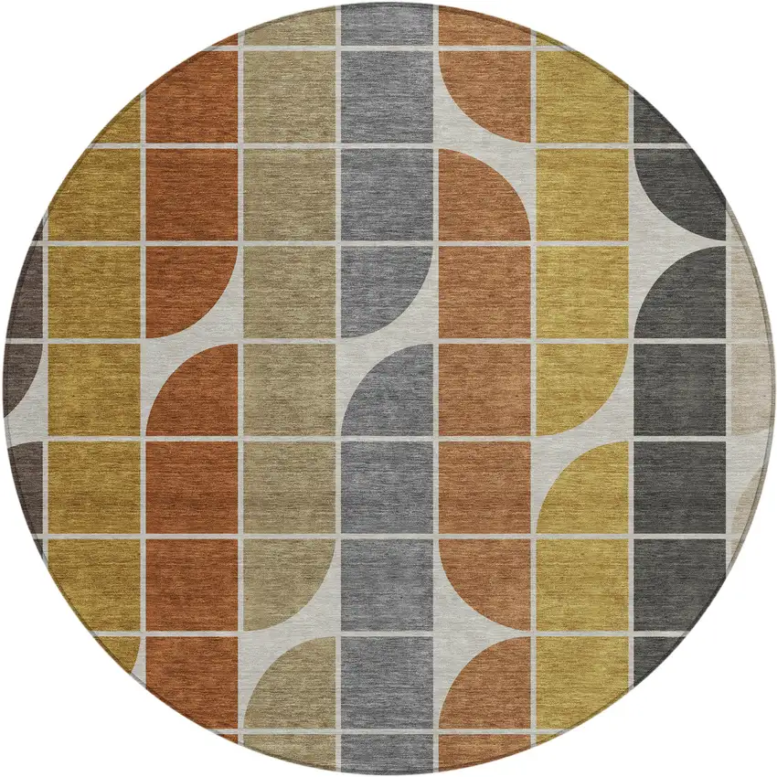 8' Coffee Gold Gray And Beige Round Geometric Washable Indoor Outdoor Area Rug Photo 1
