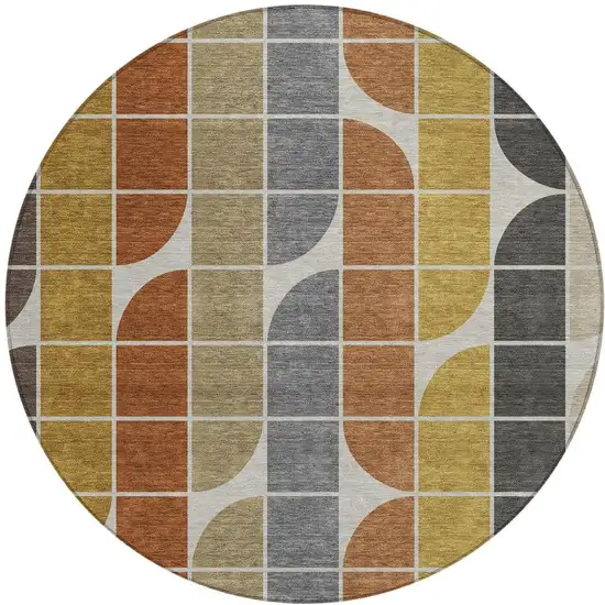 8' Coffee Gold Gray And Beige Round Geometric Washable Indoor Outdoor Area Rug Photo 3