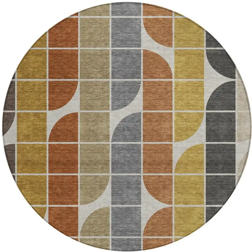 8' Coffee Gold Gray And Beige Round Geometric Washable Indoor Outdoor Area Rug Photo 3