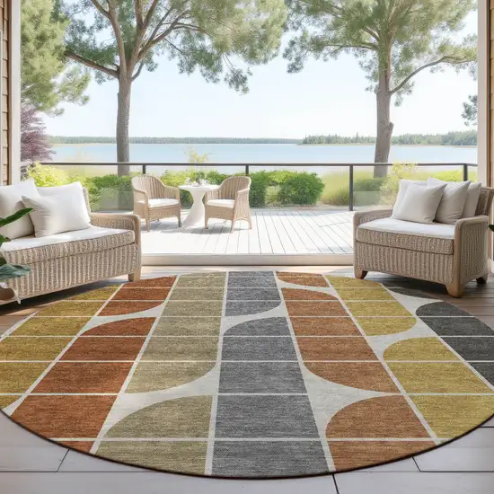 8' Coffee Gold Gray And Beige Round Geometric Washable Indoor Outdoor Area Rug Photo 4