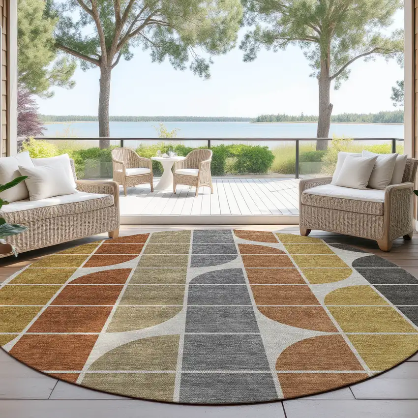 8' Coffee Gold Gray And Beige Round Geometric Washable Indoor Outdoor Area Rug Photo 4