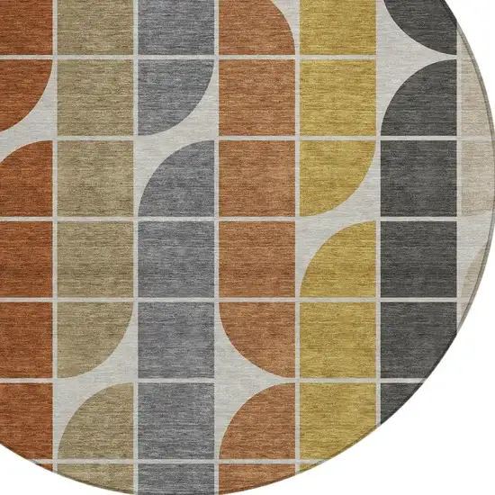 8' Coffee Gold Gray And Beige Round Geometric Washable Indoor Outdoor Area Rug Photo 2