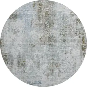 Photo of 8' Coffee Gray And Blue Abstract Washable Round Rug With UV Protection