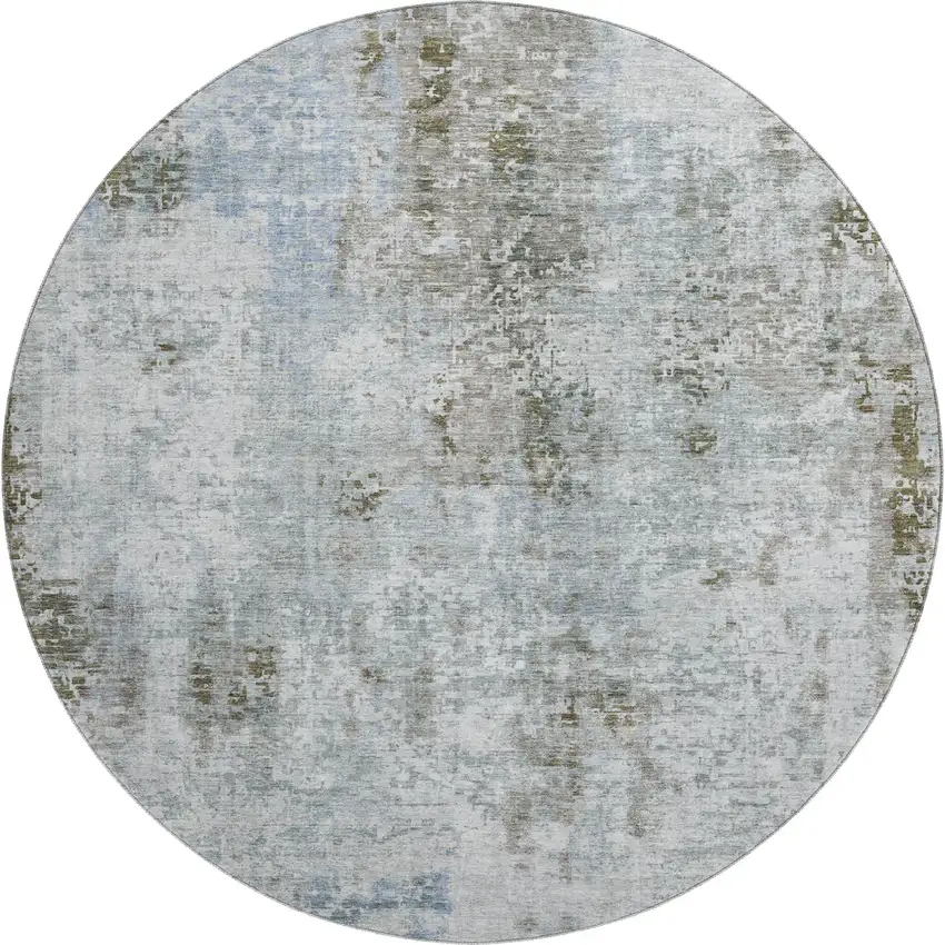 8' Coffee Gray And Blue Abstract Washable Round Rug With UV Protection Photo 1
