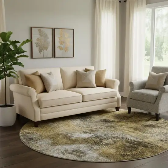 8' Coffee Gray And Ivory Abstract Washable Round Rug With UV Protection Photo 1