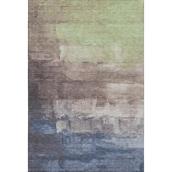 8' Coffee Green And Blue Abstract Washable Area Rug With UV Protection Photo 3