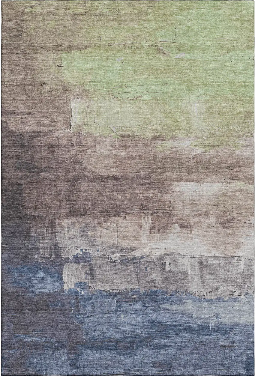 8' Coffee Green And Blue Abstract Washable Area Rug With UV Protection Photo 3