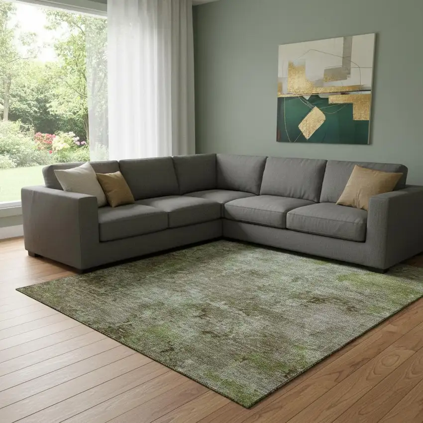 8' Coffee Green And Taupe Abstract Washable Area Rug With UV Protection Photo 2